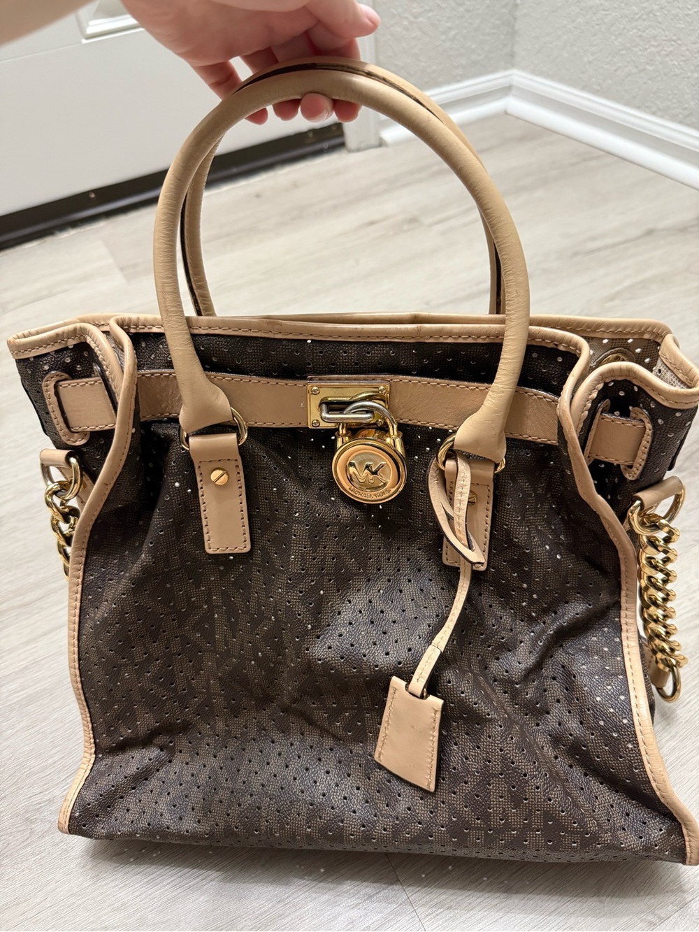 Michael Kors Brown Perforated Tote with Beige Trim and Gold Hardware - Original